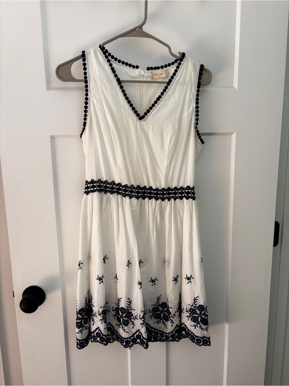 Altar'd State White Sleeveless V-Neck Dress with Black Embroidery